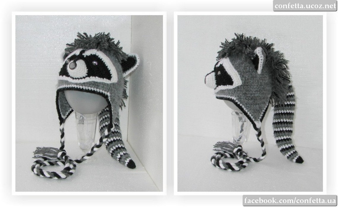 Funny Raccoon Hat Crochet Baby Adult Gray Big Coon Helmet Etsy