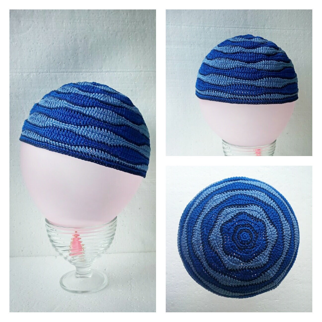 Crochet Kufi White Black Striped Cotton Skull Cap Unique Blue Muslim ...