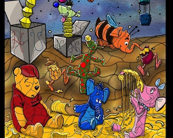 Może przedstawiać: Kolorowa ilustracja przedstawiająca Kubusia Puchatka i innych bohaterów ze Stumilowego Lasu. Postacie otoczone są żółtą substancją przypominającą miód. Dwa balony na gorące powietrze unoszą się w niebie nad nimi.