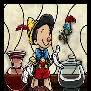May include: A cartoon illustration of Pinocchio, a wooden puppet with a red and white striped shirt, blue bow tie, and yellow hat with a red feather, standing next to a glass jar and a vase. A small cartoon character with a green head and blue hat is flying above Pinocchio holding a red umbrella.