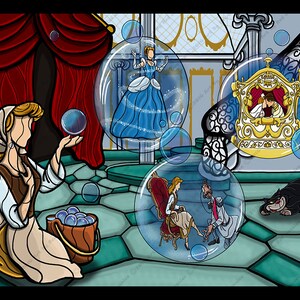 May include: A stained glass style illustration of Cinderella in four different scenes. The first scene shows Cinderella in her maid's outfit holding a bucket of soap bubbles. The second scene shows Cinderella in her ball gown. The third scene shows Cinderella and Prince Charming in a carriage. The fourth scene shows Cinderella and Prince Charming at the ball.