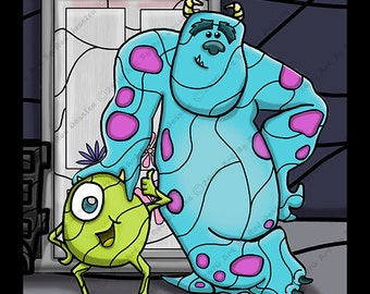 Może przedstawiać: Niebieski i fioletowy potwór z jednym dużym okiem i żółty potwór z trzema oczami stoją przed drzwiami z czerwoną spiralą.