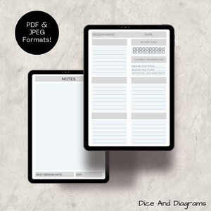 May include: A digital planner template for tabletop role-playing games. The template includes sections for session name, date, blood pool, combat information, notes, next session date, and experience points. The template is designed to be used with a tablet or other digital device.