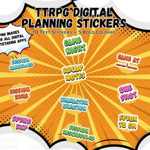 Könnte beinhalten: Digitale Planungsaufkleber für TTRPG, mit Texten wie "Game Night" und "Recap Notes". Die Aufkleber sind in verschiedenen Farben gehalten und für digitale Notizen-Apps konzipiert. Der Hintergrund ist orange mit gelben Strahlen.