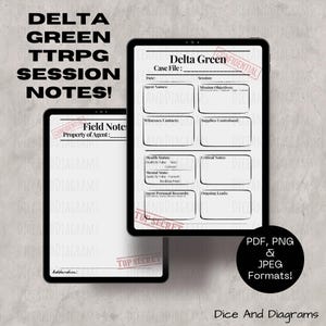 May include: Two digital tablets displaying Delta Green TTRPG session notes. One tablet shows a "Case File" with fields for data. The other shows "Field Notes." Text includes "Confidential" and "Top Secret" stamps. Formats: PDF, PNG, JPEG.