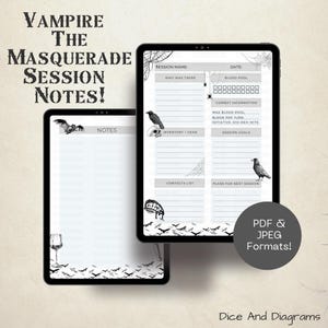 Puede incluir: Dos tabletas digitales que muestran notas de sesión para "Vampire: The Masquerade". Las notas presentan ilustraciones de cuervos, calaveras y murciélagos. El texto incluye "Nombre de la sesión", "Reserva de sangre" y "Formatos PDF y JPEG!"