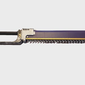 May include: A prop weapon featuring a purple blade with a gold edge and jagged teeth. The handle is black and the metal components are silver. The design resembles a chainsaw sword.