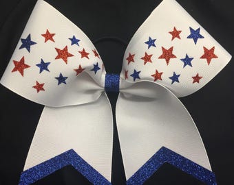 4th of July Cheer Bow Glitter stars and Tails Red White and Blue