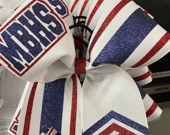 Custom made grosgrain cheer bow with stripes and tails