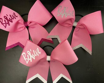 Grosgrain Pink Believe Breast Cancer Cheer Cheerleading Bows Bow