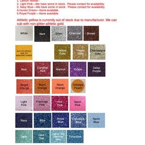 The image is a color chart that lists various glitter colors available for purchase. It includes a color list with different shades of glitter, such as white, black, silver, charcoal, brown, lemon yellow, yellow gold, champagne gold, maroon, grape, deep purple, neon pink, flamingo pink, hot pink, neon pink, royal blue, blue, royal blue, turquoise, neon blue, and lime.