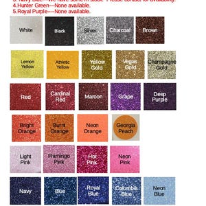 The image is a color chart that lists various glitter colors available for purchase. It includes a color list with different shades of glitter, such as white, black, silver, charcoal, brown, lemon yellow, yellow gold, champagne gold, maroon, grape, deep purple, neon pink, flamingo pink, hot pink, neon pink, royal blue, blue, royal blue, turquoise, neon blue, and lime.