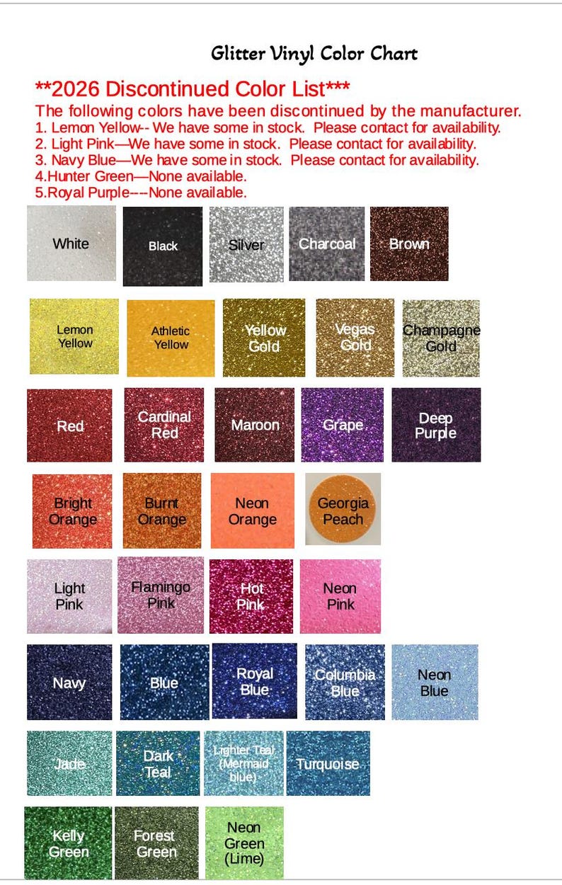 The image is a color chart that lists various glitter colors available for purchase. It includes a color list with different shades of glitter, such as white, black, silver, charcoal, brown, lemon yellow, yellow gold, champagne gold, maroon, grape, deep purple, neon pink, flamingo pink, hot pink, neon pink, royal blue, blue, royal blue, turquoise, neon blue, and lime.