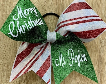 Holiday Christmas Striped Personalized Cheer Cheerleading Bow
