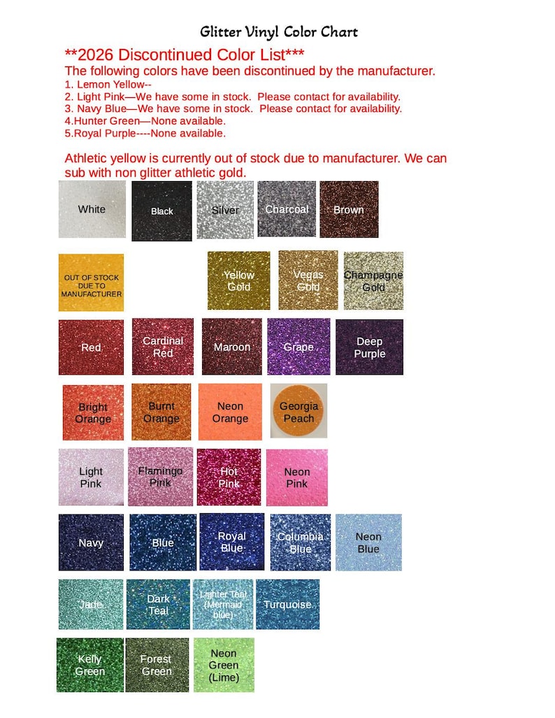 The image is a color chart that lists various glitter colors available for purchase. It includes a color list with different shades of glitter, such as white, black, silver, charcoal, brown, lemon yellow, yellow gold, champagne gold, maroon, grape, deep purple, neon pink, flamingo pink, hot pink, neon pink, royal blue, blue, royal blue, turquoise, neon blue, and lime.