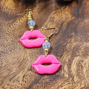 HOT Pink Lip Earrings, Lip Dangle Earrings, Polymer Clay Pink Earrings, Pink Florescent Lip Earrings, Valentine Gift for Her, Kiss Lips
