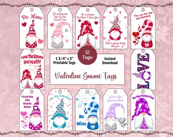 Printable Valentine Gnome Tags, Kids Valentines, Gnome Tags, Valentines Day Gnome Tags, Instant Download, Junk Journal Ephemera