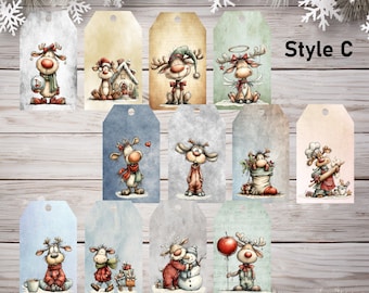 Afdrukbare kerstrendierlabels C – direct downloaden | Cadeaukaartjes voor de feestdagen, scrapbooking, Efemere ongewenste logboeken, tags vakantierendier