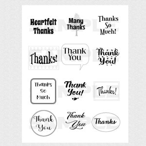 May include: A sheet of printable thank you cards with various designs and fonts. The cards feature phrases like "Heartfelt Thanks", "Many Thanks", "Thanks So Much", "Thank You", and "Thanks!"