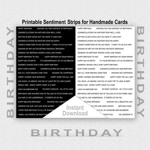 May include: Black and white printable birthday card sentiment strips with the words "Happy Birthday" and "Birthday" in large, bold font. The strips feature various birthday wishes and sayings.