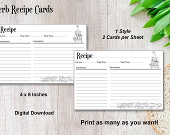 Retro Vintage Printable Recipe Cards, Minimal 4x6 Recipe Cards, Quarantine Downloadable, Bridal Shower Gift, Junk Journal, Ephemera
