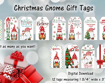 Christmas Gnome Gift Tags, Printable Gnome Gift Tags, Digital Christmas Gift Tags, Red and Green Gnome Gift Tags, Junk Journal, Ephemera