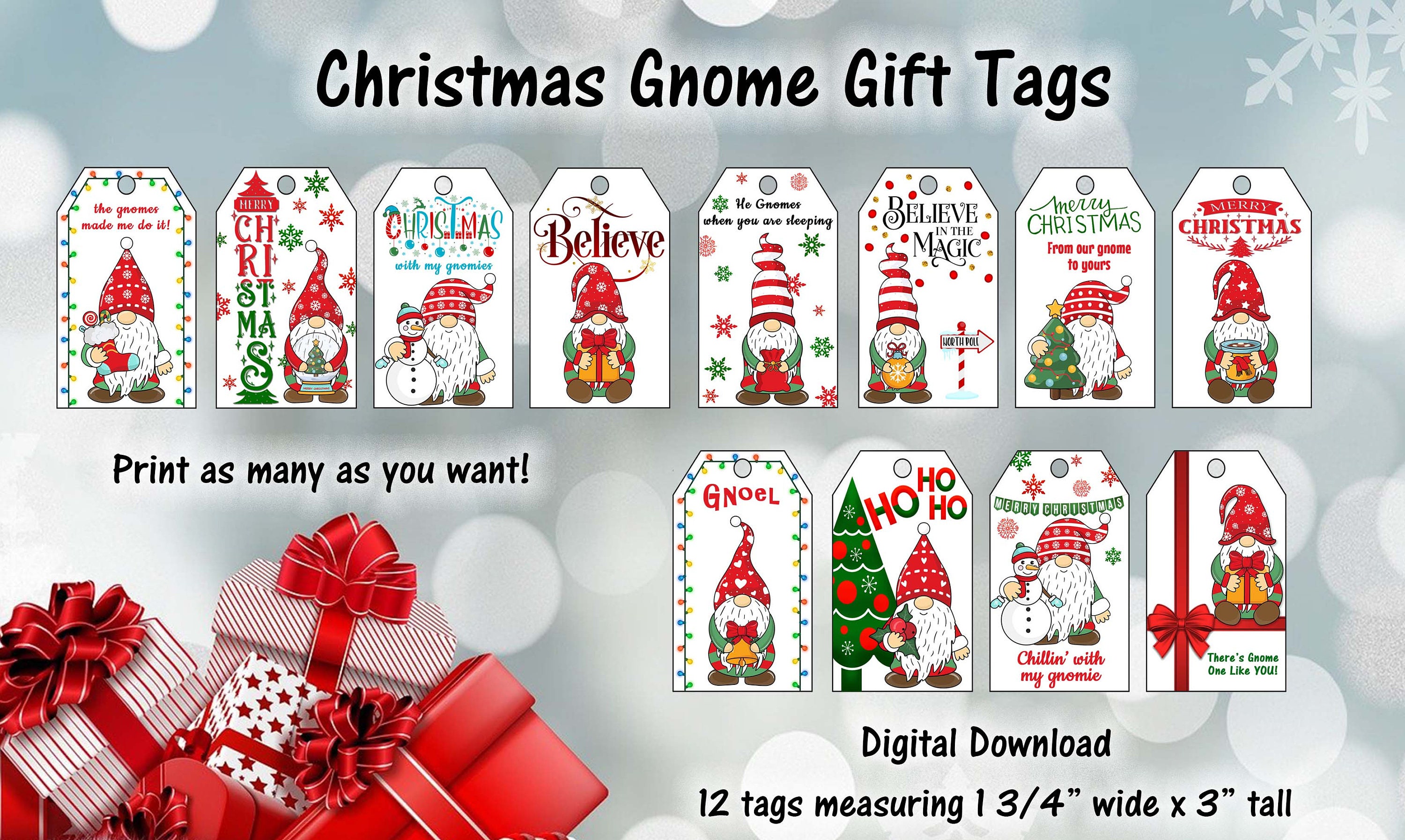 Christmas Tags Printable, Christmas Gnomes, Gift Tags, Digital Download,  Buffalo Check, Jpeg File, Tags, Farmhouse Style, YOU PRINT