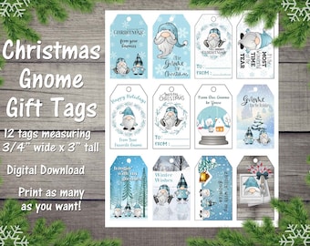 Printable Gnome Christmas Gift Tags, Digital Christmas Gift Tags, Gnome Gift Tags, Shades of Blue Gnome Gift Tags, Ephemera, Junk Journal