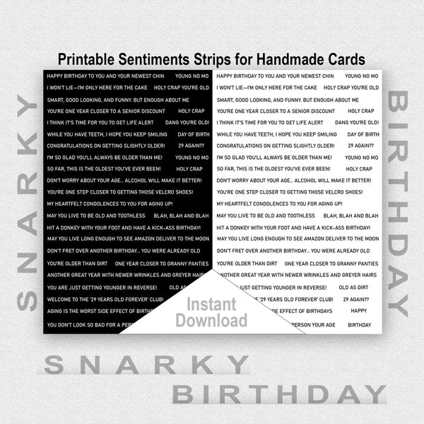 Printable Snarky Birthday Sentiment Strips, Black and White Sentiment Strips, Digital Sentiment Strips, Snarky Birthday, Junk Journaling