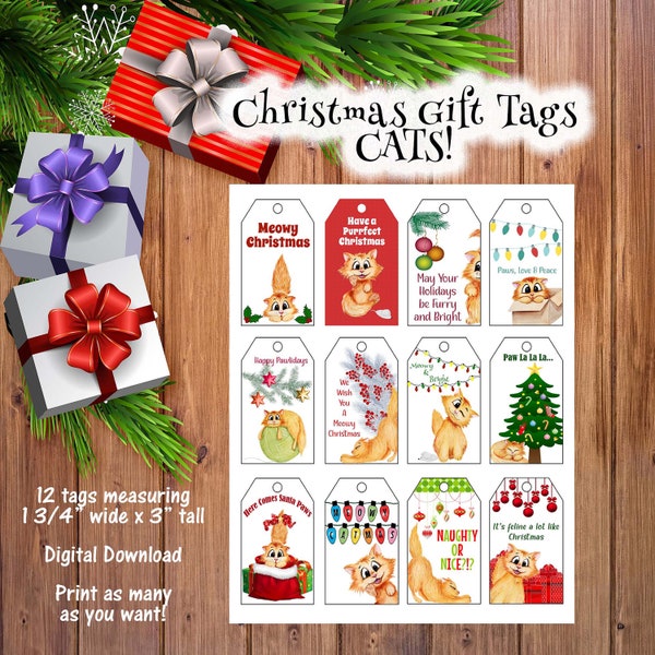 Printable Christmas Cat Gift Tags, Digital Christmas Gift Tags, Cat Lover Gift Tags, Kitty Cat Gift Tags