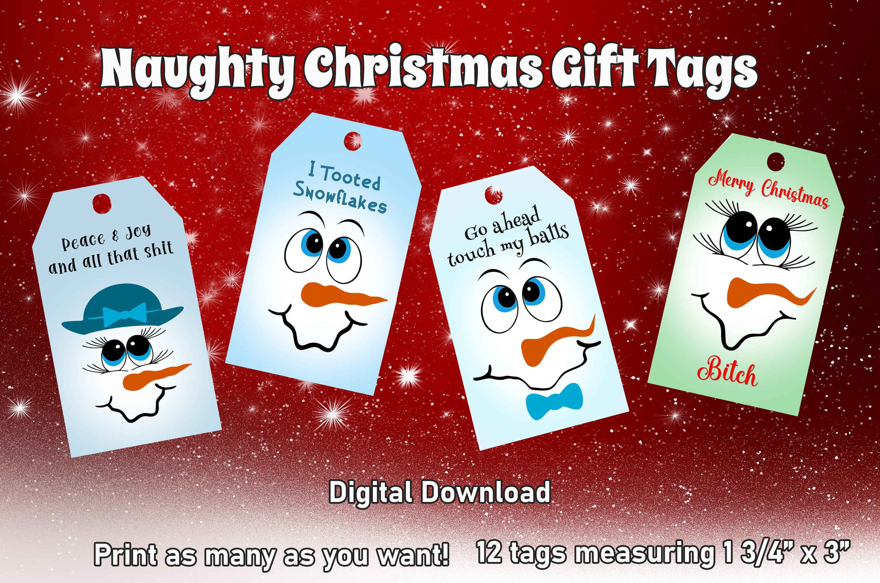 Printable Naughty Snowmen Christmas Gift Tags, Digital Christmas Gift ...