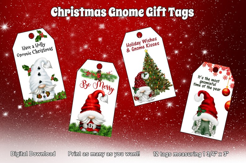 Christmas Gnome Gift Tags, Printable Gift Tags, Digital Christmas Tags ...
