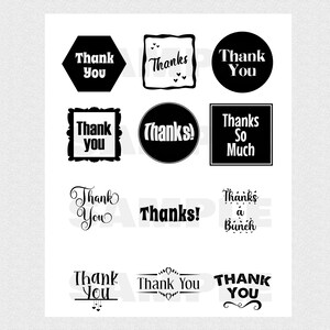 May include: A collection of 12 black and white thank you graphics with different fonts and styles. The graphics are perfect for adding a personal touch to gifts, cards, or other projects.