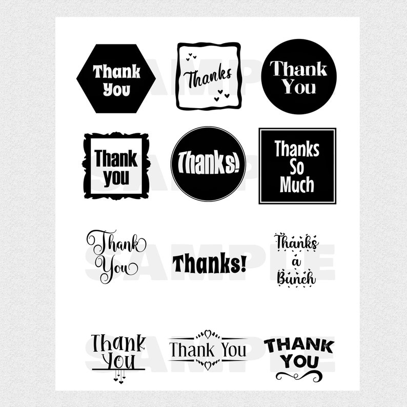 May include: A collection of 12 black and white thank you graphics with different fonts and styles. The graphics are perfect for adding a personal touch to gifts, cards, or other projects.