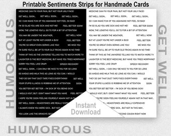 Printable Humorous Get Well Sentiment Strips, Black & White Sentiment Strips, Digital Sentiment Strips - Junk Journal, Ephemera, Mixed Media