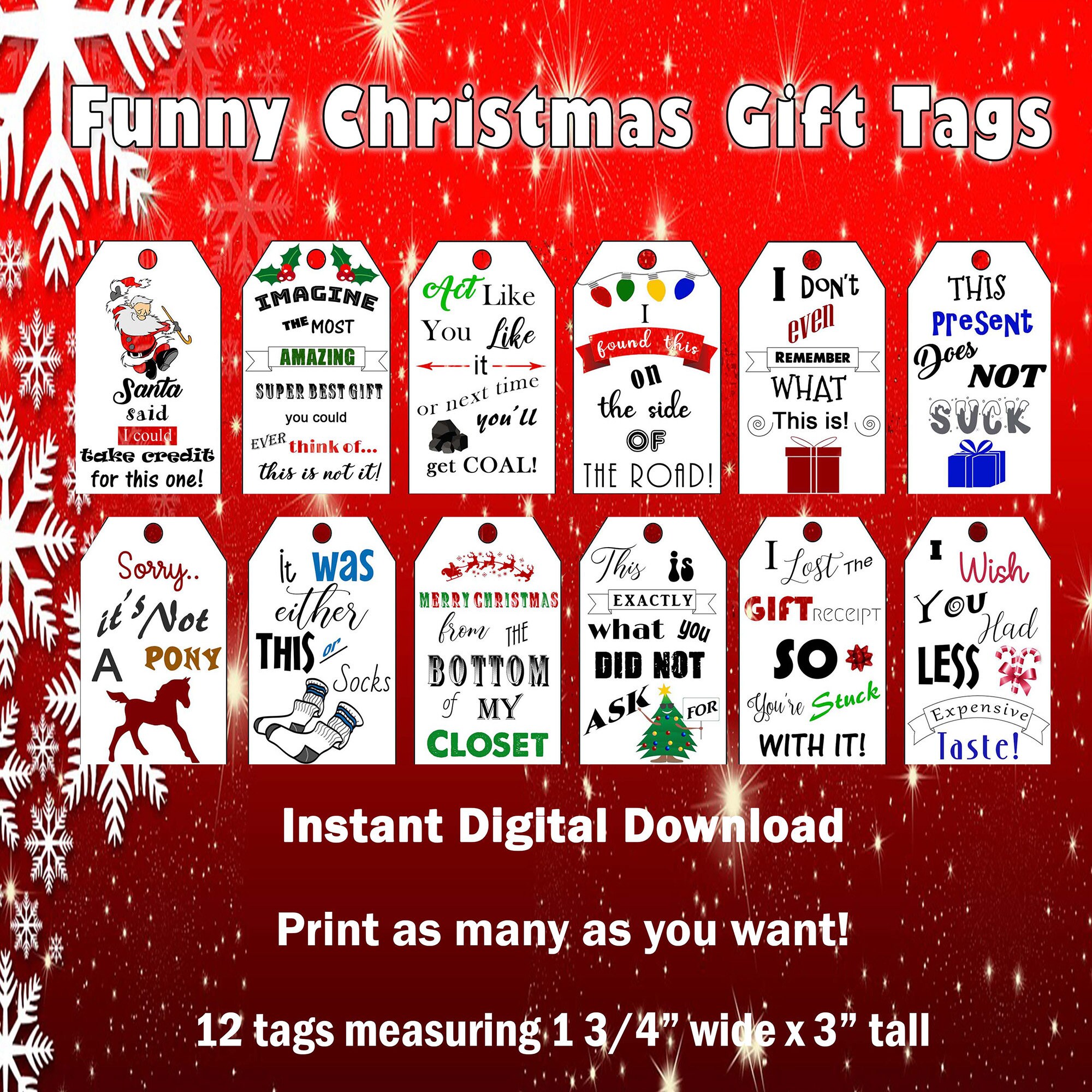 Printable Funny Christmas Gift Tags, Digital Christmas Gift Tags, Funny Gift Tags, Printable Gift Tags, Digital Tags, Ephemera, Junk Journal