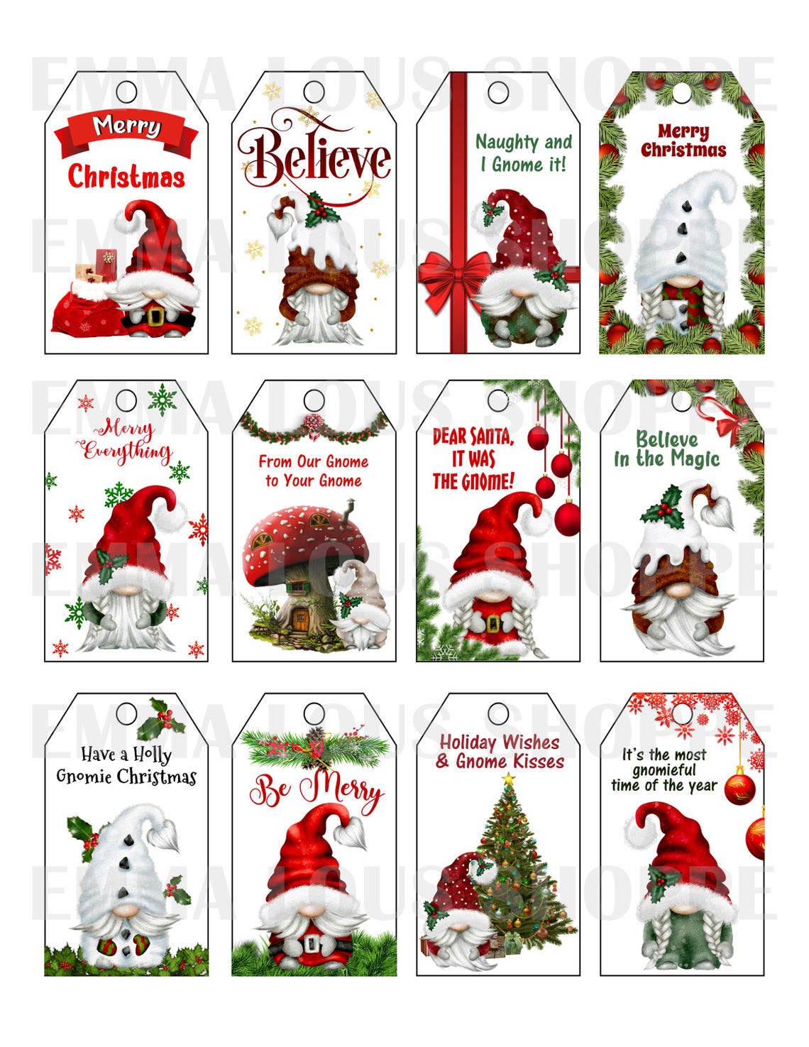 Christmas Gnome Gift Tags, Printable Gift Tags, Digital Christmas Tags ...
