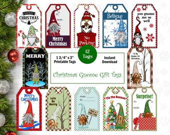 Printable Christmas Gnome Gift Tags, Digital Christmas Gift Tags, Gnome Gift Tags, Red and Green Gnome Gift Tags< Junk Journal, Ephemera