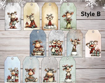 Afdrukbare kerstrendierlabels B – direct downloaden | Cadeaukaartjes voor de feestdagen, scrapbooking, Efemere ongewenste logboeken, tags vakantierendier