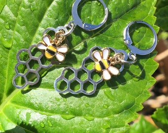 Bee and honeycomb huggie style earrings / bee jewellery
