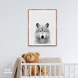 Wolf Print, Wolf Poster, Woodlands Animal Print, Black and White Forest Animals, Nursery Animal Photo Prints, Nursery Wall Art Printables image 3