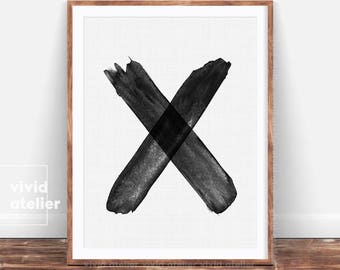 Black and White X Print, Brush Stroke Cross Wall Art, Home Decor, Modern Minimal Ink Painting, Simple, Abstract, Printable Instant Download