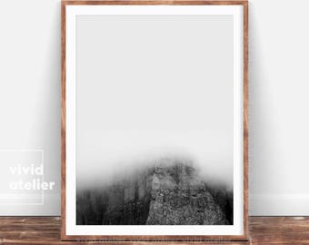 Black and White Mountain Photography, Modern Minimalist, Minimal Art, Minimal Wall Decor, Minimal Print, Nature Wall Art, Mist Print, Prints