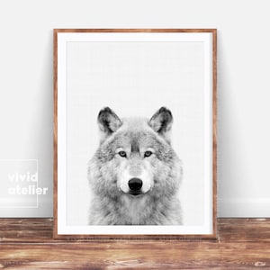 Wolf Print, Wolf Poster, Woodlands Animal Print, Black and White Forest Animals, Nursery Animal Photo Prints, Nursery Wall Art Printables image 1