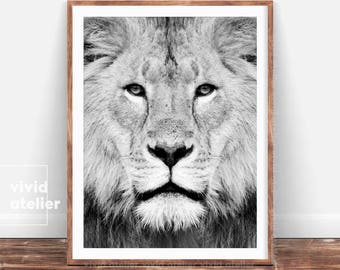 Lion Print, Nursery Animal Wall Art, Black and White Lion, Kids Printable Art, Safari Animal Print, African Art, Lion Photo Wall Art Poster
