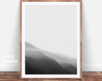 Mountain Print, Minimalist, Black and White Print,Mountain Range, Nordic, Minimalist Print, Printable Art, Nature Print, Landscape, Fog Art