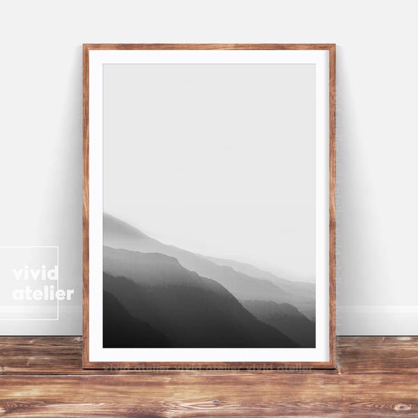 Mountain Print, Minimalist, Black and White Print,Mountain Range, Nordic, Minimalist Print, Printable Art, Nature Print, Landscape, Fog Art