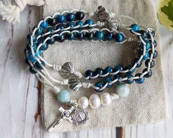 Stella Maris silver tone seashell bead + blue-green tiger eye rosary wrap bracelet, ladder rosary, rosary bracelet, Catholic bracelet