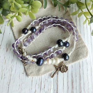 Solid bronze star miraculous medal, St. Benedict crucifix + amethyst rosary wrap bracelet, rosary bracelet, fidget rosary, Catholic bracelet