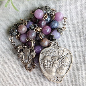 Chaplet of the Two Hearts solid bronze + ruby sapphire, Catholic chaplet, handmade chaplet, bronze chaplet, Sacred and Immaculate Hearts